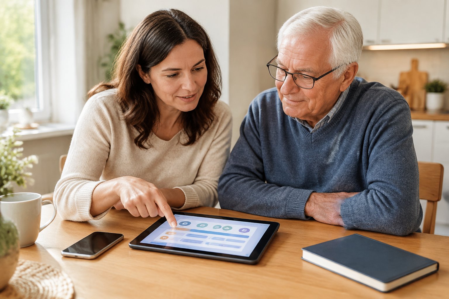 Eine Frau bespricht mit einem älteren Mann digitale Pflegeinformationen auf einem Tablet.